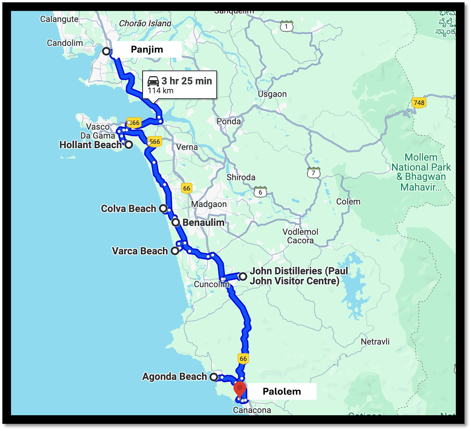 Map of a suggested 3-day driving itinerary in Goa highlighting key beaches and attractions from Panjim to Palolem covering 114 km