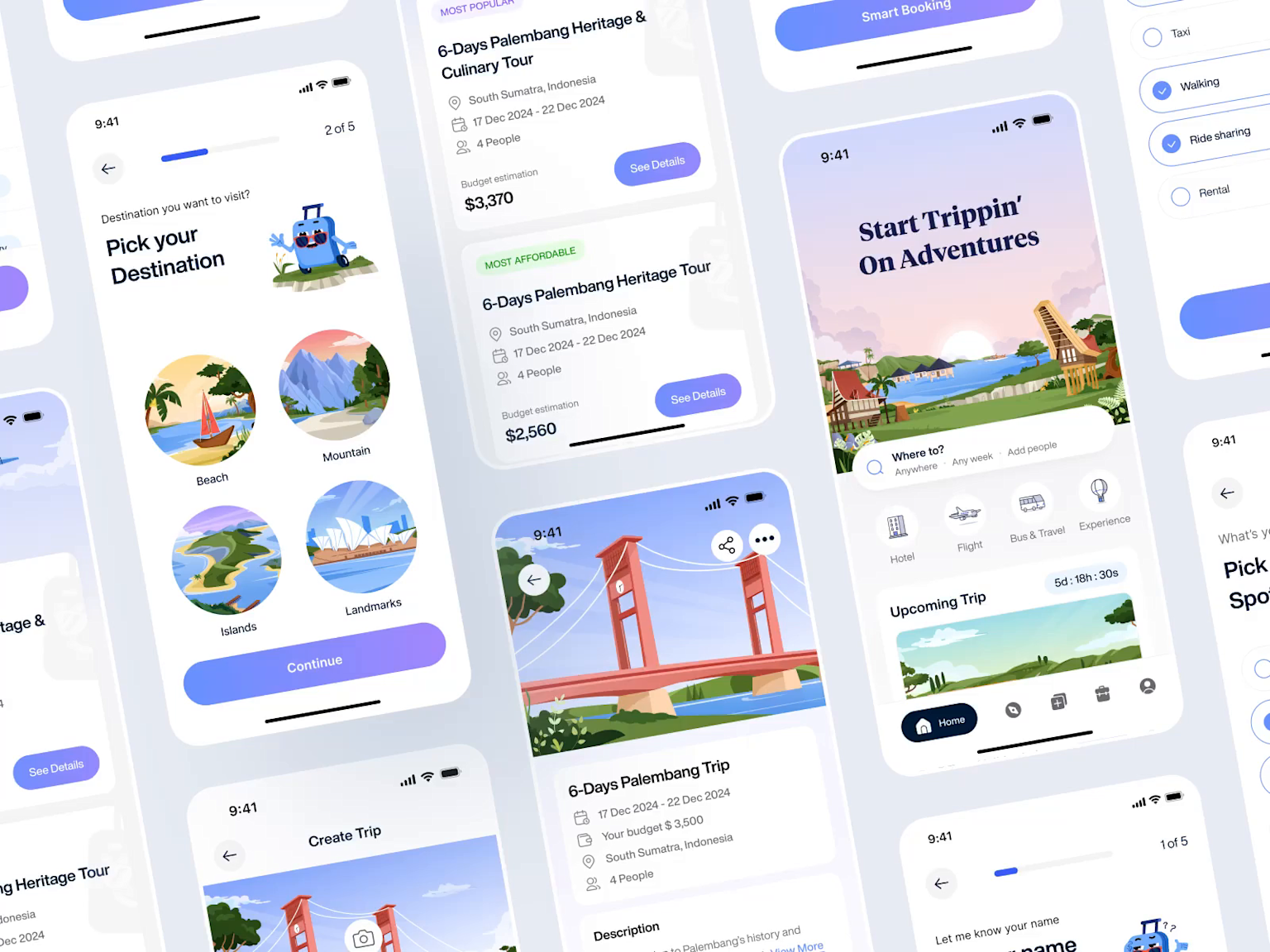 Trippin' trip planner app showcasing destination selection, budget tours, and booking options for travel planning