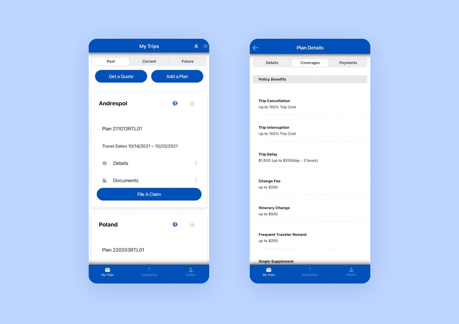 Screenshots of a travel insurance mobile app showing trip plans, claim filing, and coverage benefits