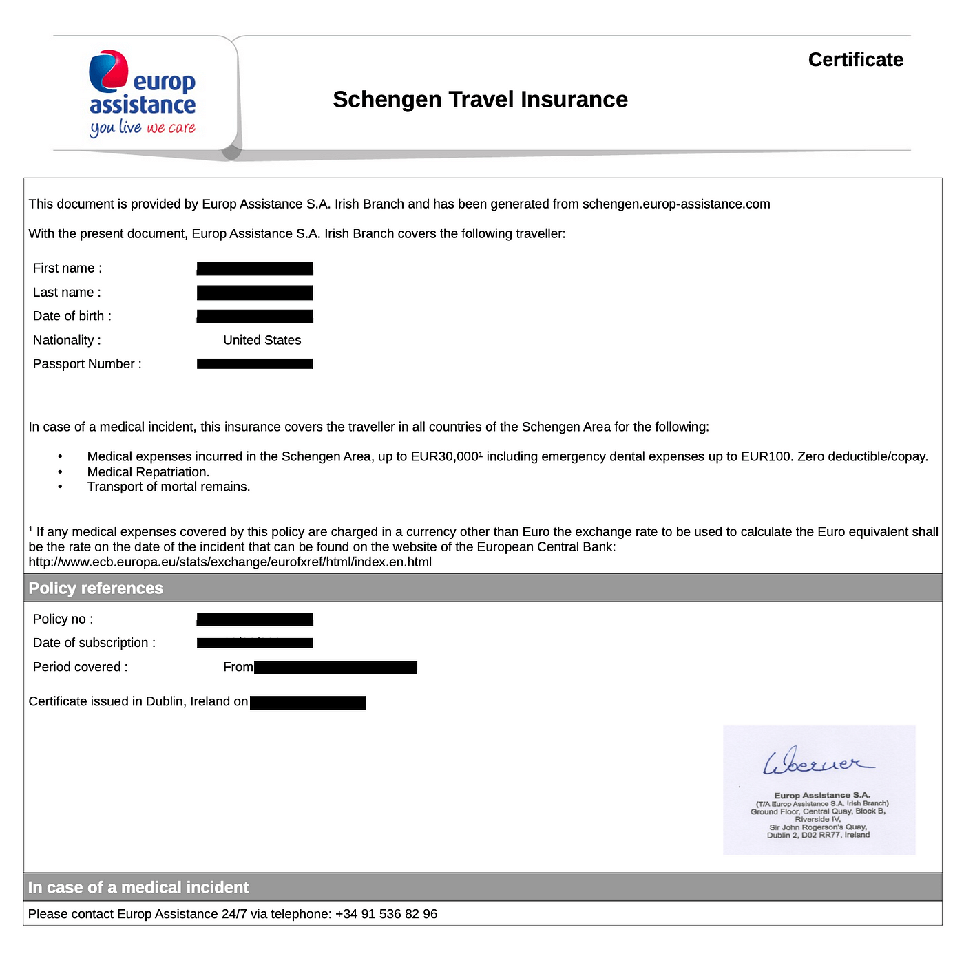 Schengen Travel Insurance certificate outlining medical coverage and policy details for travelers insured by Europ Assistance S.A., Irish Branch