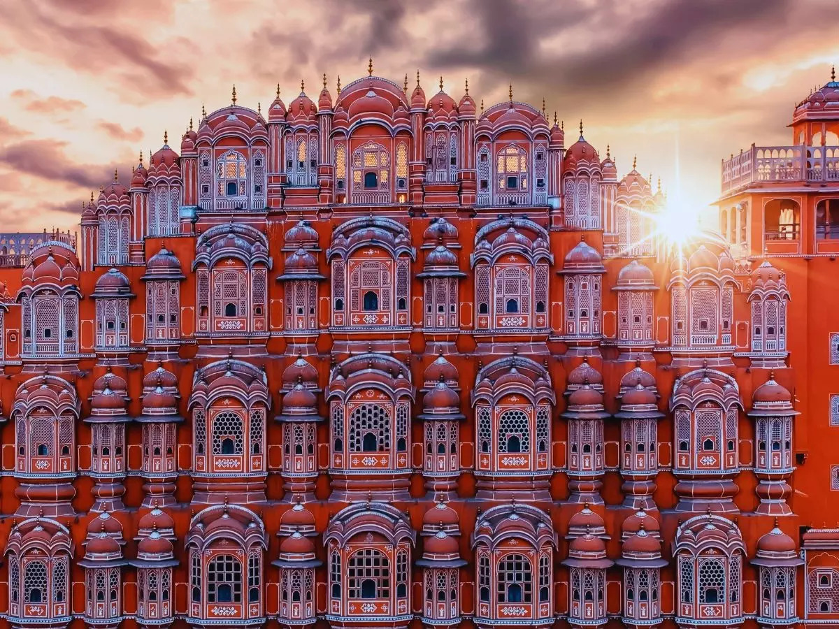 The Hawa Mahal in Jaipur, Rajasthan, a famous pink sandstone palace known as the Palace of Winds and a key tourist attraction in India's Pink City