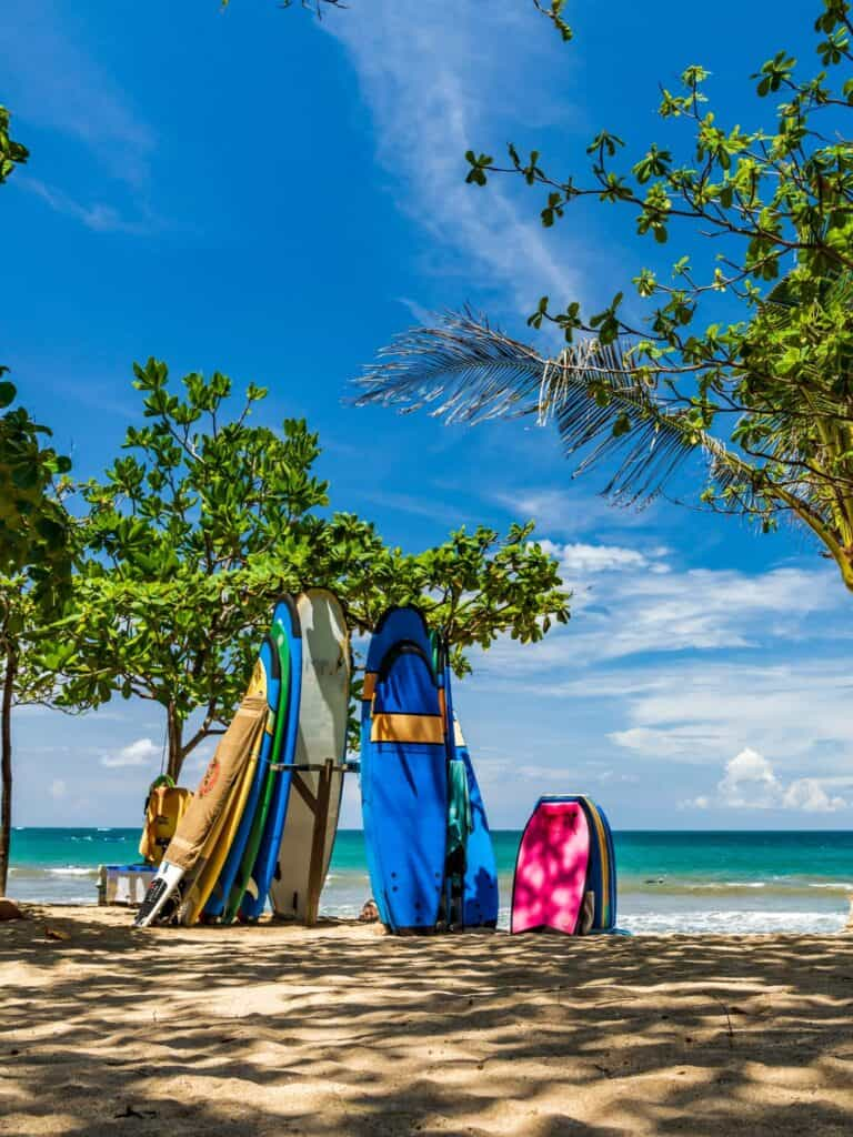 Surfboards and bodyboards lined up on a sandy beach in Bali, showcasing popular and budget-friendly beach activities