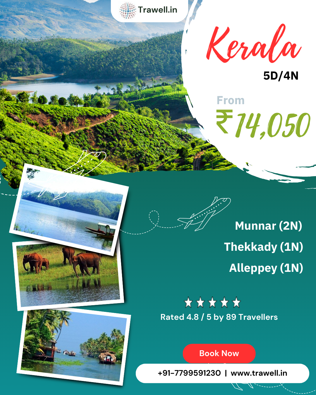 Affordable 5-day Kerala tour package covering Munnar, Thekkady, and Alleppey starting at ₹14,050 with a high traveler rating