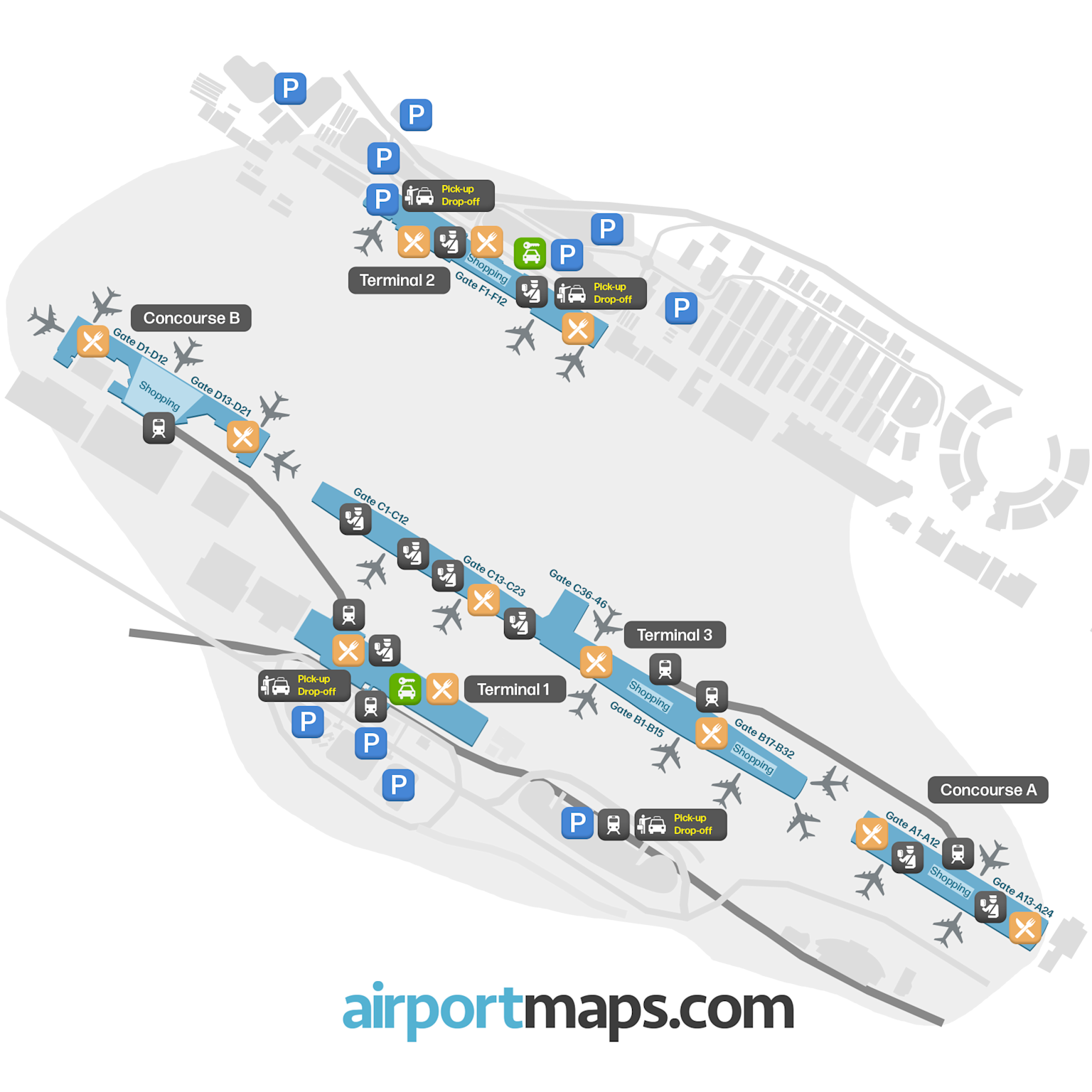 Terminal map of Dubai International Airport showing terminals, concourses, gates, parking, and amenities for travelers