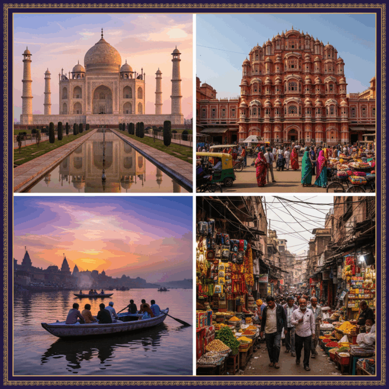 Vibrant collage of India's iconic landmarks: Taj Mahal, Jaipur street, Varanasi Ganges, Old Delhi market.