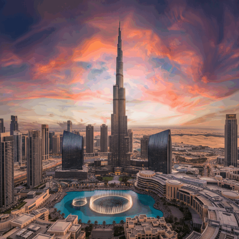 Dubai's iconic skyline at sunset featuring Burj Khalifa, modern skyscrapers, and the Dubai Fountain, ideal for visitors.