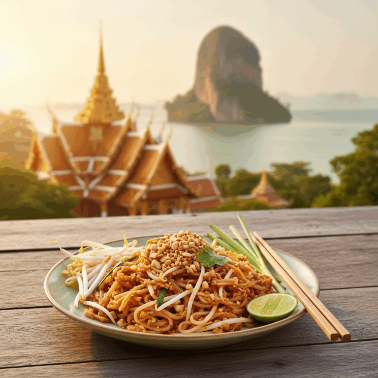 Vibrant Pad Thai dish on rustic table with blurred golden temple, limestone karst, and turquoise water, symbolizing Thailand travel.