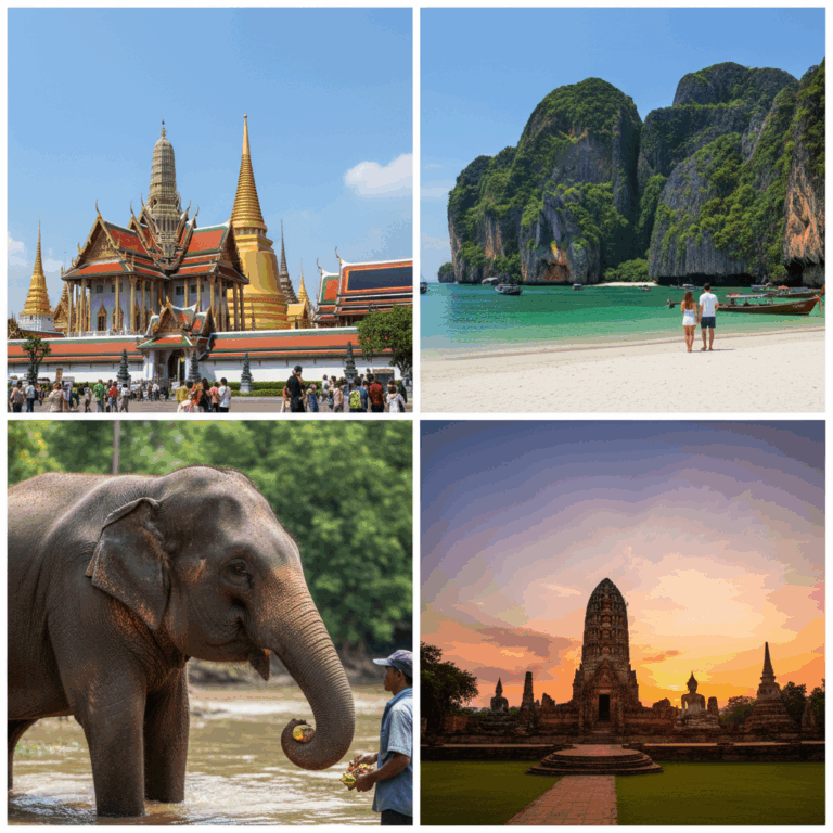 Vibrant collage of Thailand's iconic places: Grand Palace, Krabi beach, ethical elephant, Ayutthaya temple ruins.