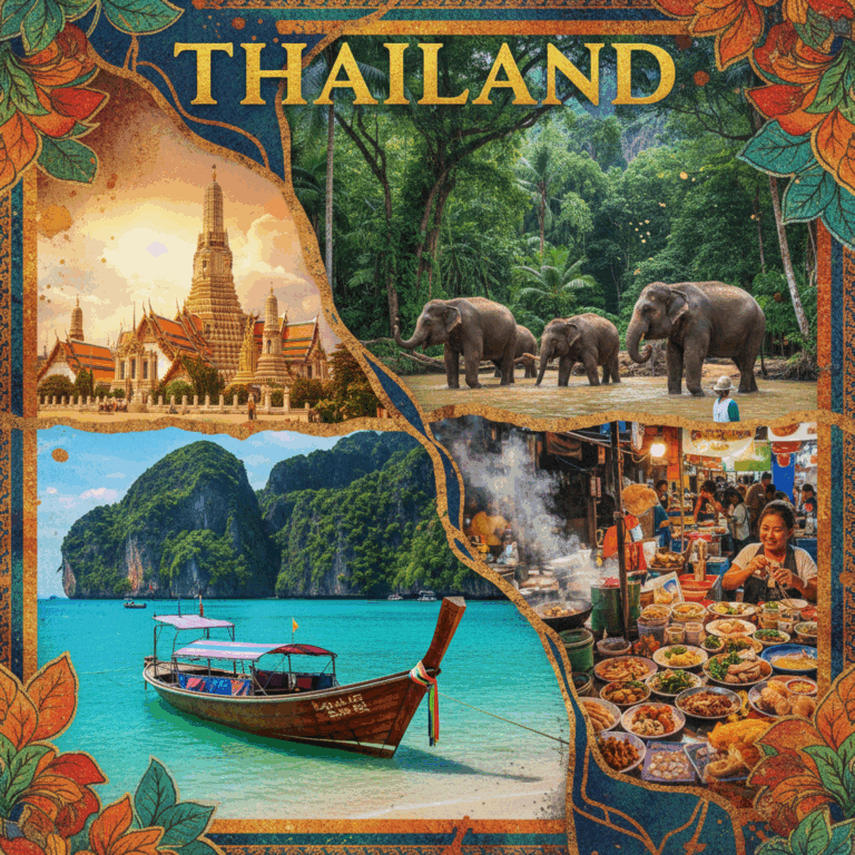 Vibrant collage of Thailand travel: longtail boat on beach, Wat Arun, Bangkok street food, elephants in jungle.