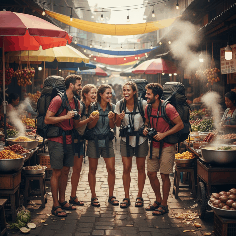 Diverse young backpackers laugh in a bustling Southeast Asia street market with colorful stalls and food, embodying budget adventure.