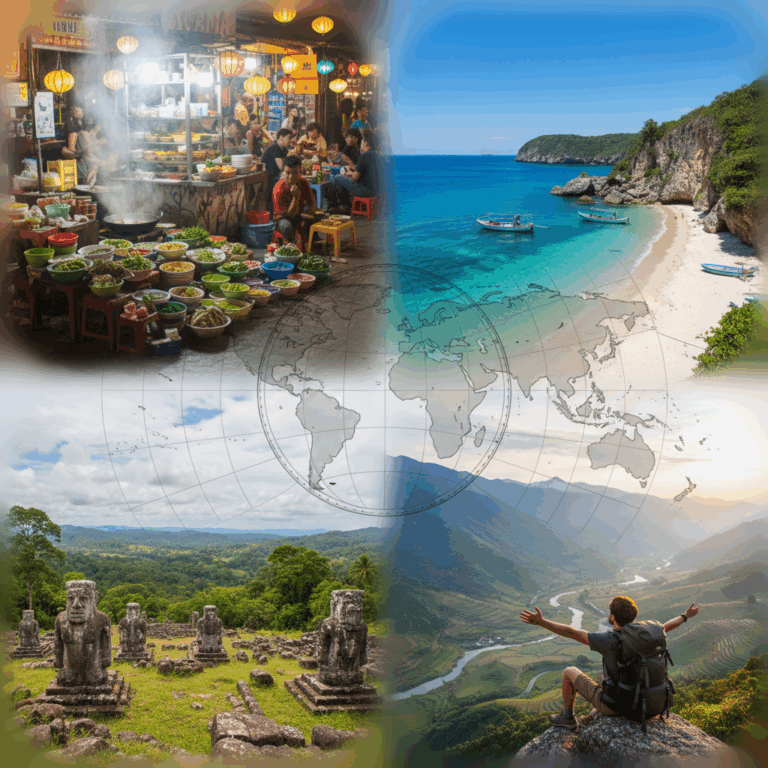 Collage of affordable travel destinations: Vietnamese street food, Albanian beach, Colombian ruins, backpacker, world map.