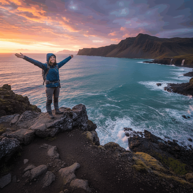 Solo female traveler on a dramatic cliff overlooking a vast ocean at sunset, arms outstretched, symbolizing freedom and joy.