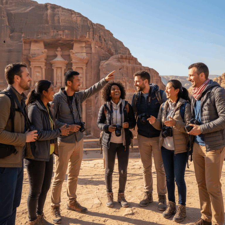 Diverse solo travelers laughing, interacting on a guided tour in a scenic destination, conveying camaraderie.