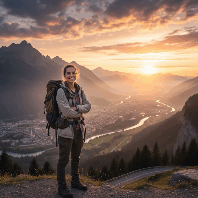 Confident young woman with backpack smiling at a scenic mountain landscape at sunrise, embodying solo travel freedom.