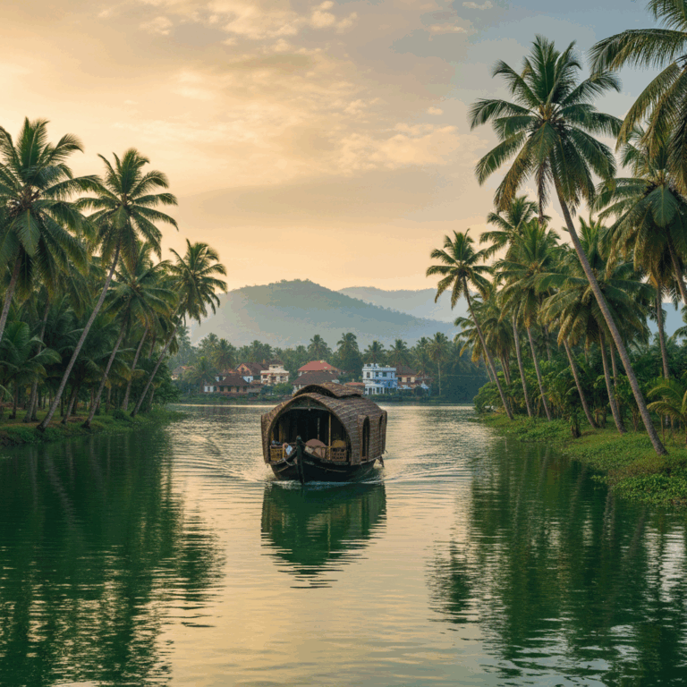 Traditional Kerala houseboat (Kettuvallam) on emerald backwaters at sunrise, framed by coconut trees.