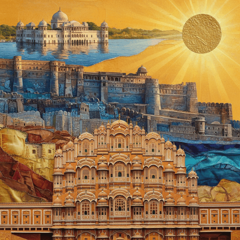Iconic Rajasthan landmarks collage: Hawa Mahal (Jaipur), Mehrangarh Fort (Jodhpur), Lake Pichola (Udaipur) in golden light.