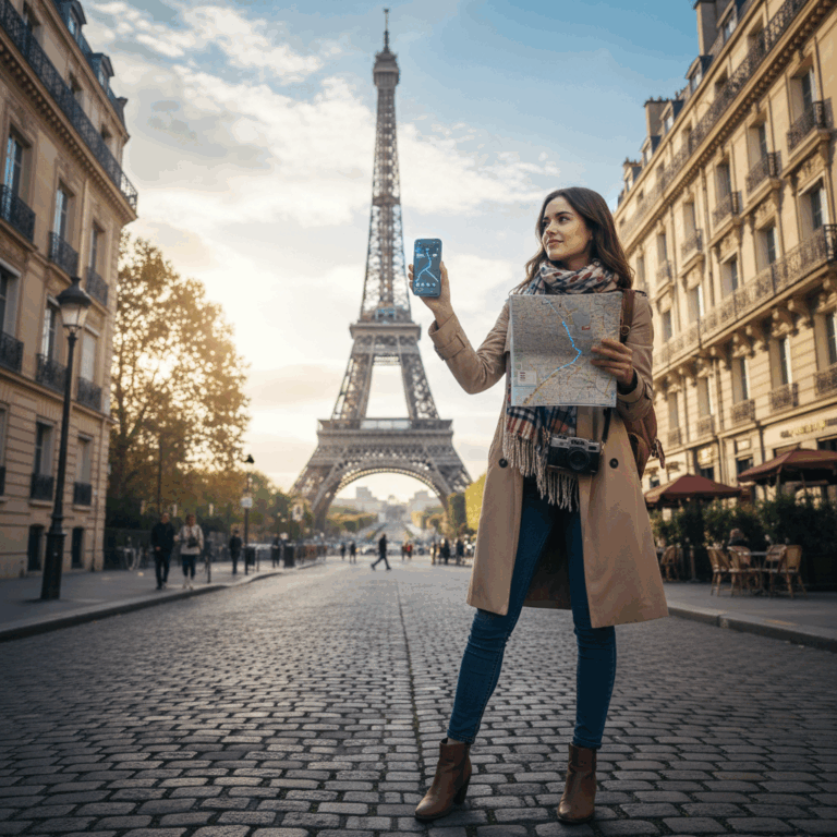 Stylish traveler on Parisian street with Eiffel Tower, holding a map/phone, representing Paris exploration and trip planning.