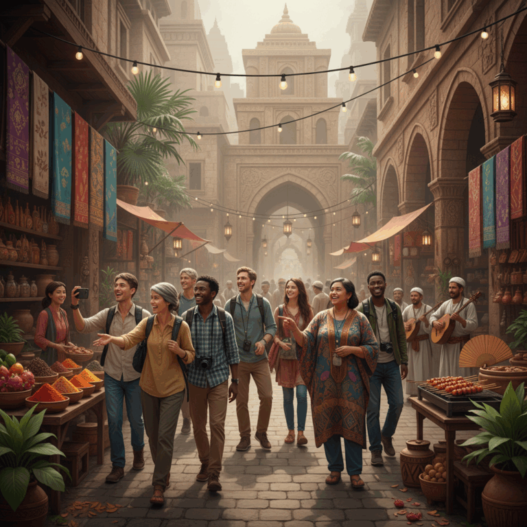 Joyful diverse travelers with a tour guide exploring a vibrant ancient city market, experiencing local culture on a budget tour.