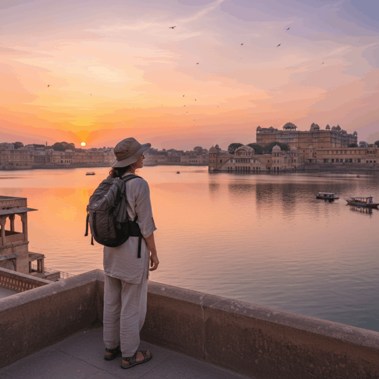 Female solo traveler overlooks serene Lake Pichola and grand palace at sunset in Udaipur, India.