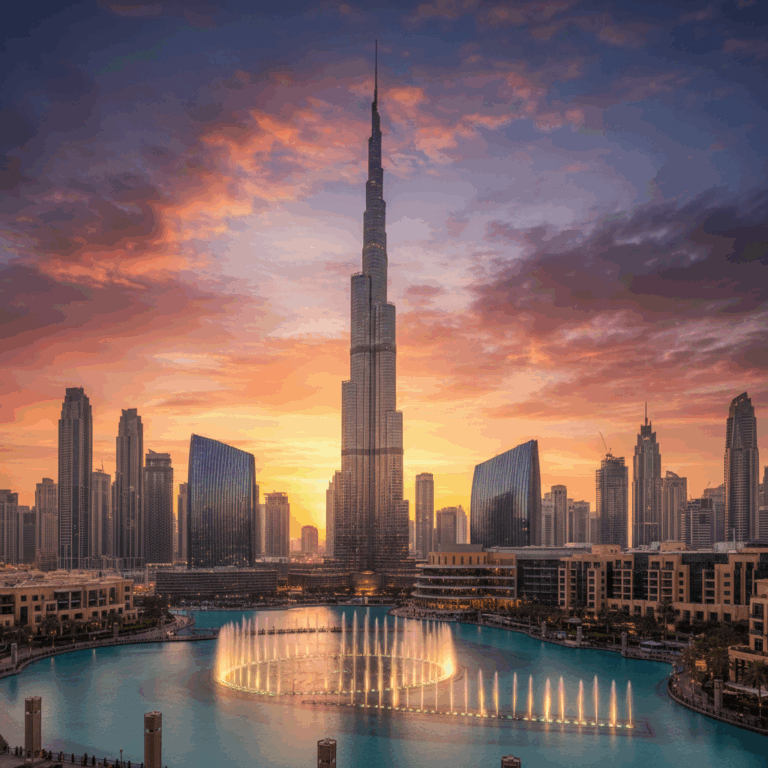 Panoramic Dubai skyline at sunset featuring Burj Khalifa, Dubai Fountain, and glowing modern architecture.