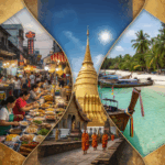 Vibrant collage of Thailand: Bangkok street market, Chiang Mai temple spires, and turquoise beach with longtail boats.