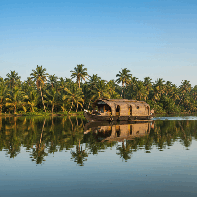 A traditional Kettuvallam houseboat cruises serene Alleppey backwaters, surrounded by lush palms, calm water, and blue sky.