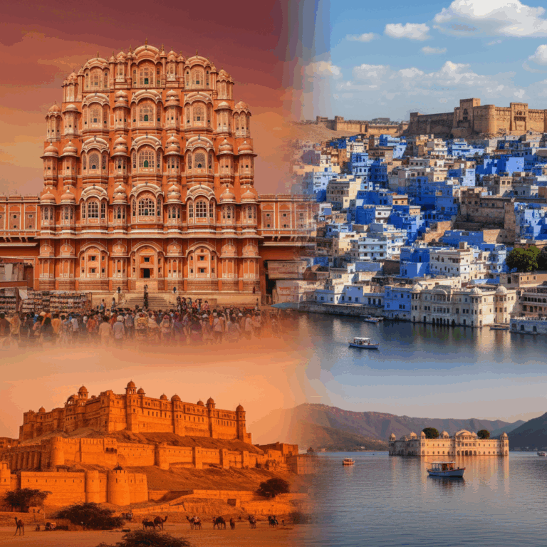 Vibrant collage of Rajasthan landmarks: Hawa Mahal, Jodhpur blue houses, Jaisalmer Fort, Udaipur Lake Pichola.