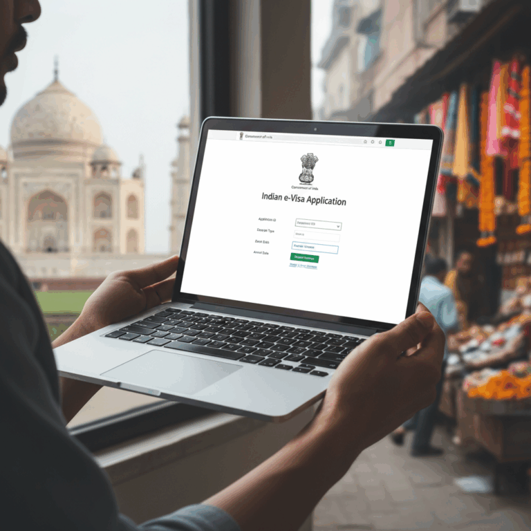 Person on laptop using official Indian e-Visa application website with blurred Taj Mahal & market background.