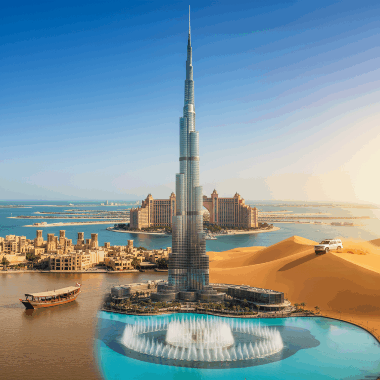 Composite of Dubai landmarks: Burj Khalifa, Palm Jumeirah, Atlantis, abra on Creek, desert safari, golden sunset.