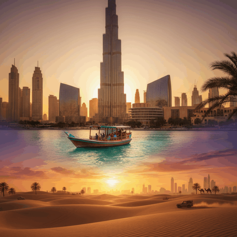 Vibrant composite of Dubai tourist places: Burj Khalifa, abra on creek, desert safari with sand dunes at sunset.