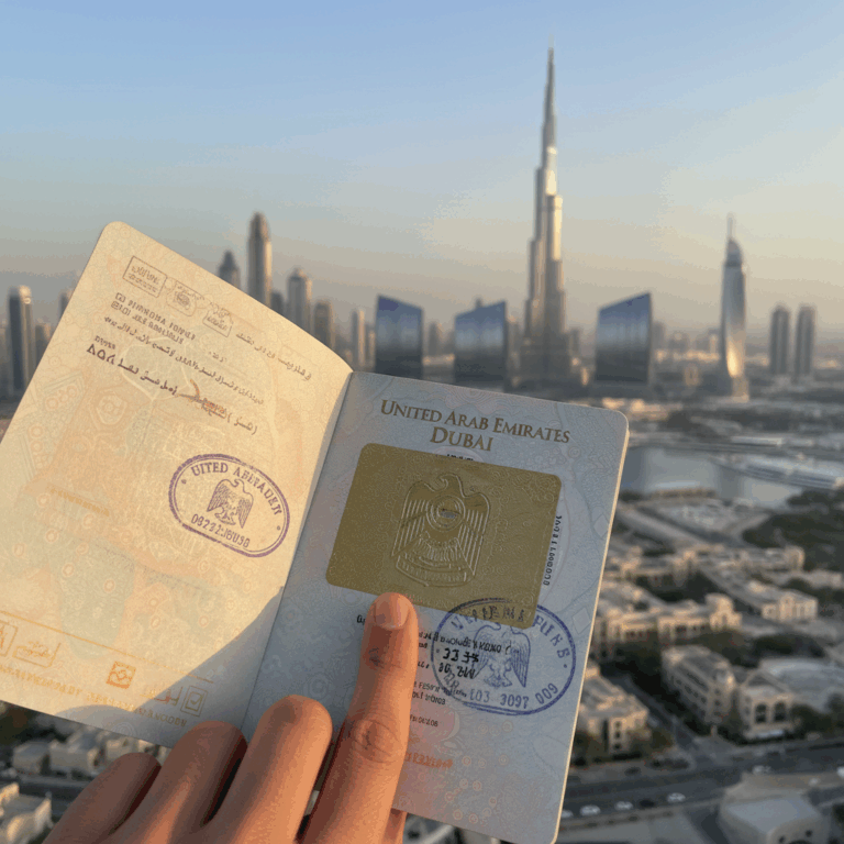 Close-up of passport with Dubai travel visa page, hand pointing, blurred Dubai skyline. Essential for visa process.