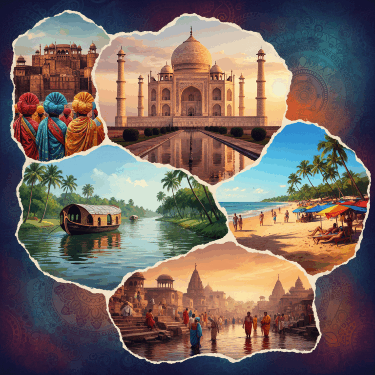 Vibrant collage showcasing best tourist places in India: Taj Mahal, Rajasthan, Kerala, Goa, Varanasi.